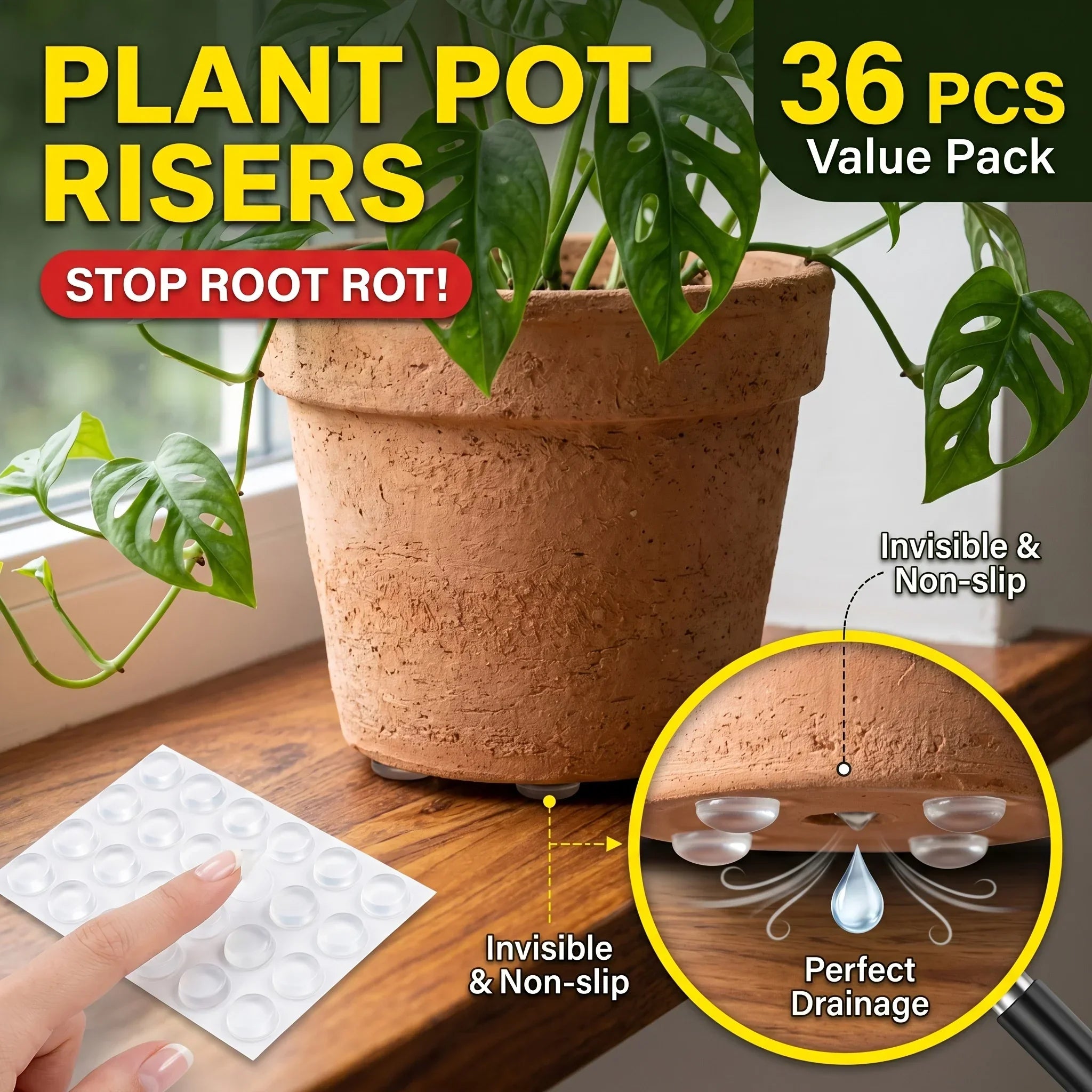 Selbstklebende Blumentopf-Füße, 36er-Set, transparent | Für Belüftung und Drainage